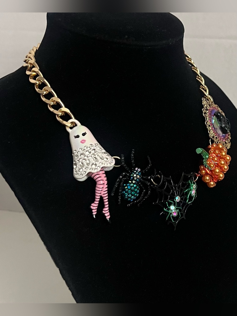 Betsey Johnson Halloween Statement Necklace with Pumpkin, Spider & Ghost Charms - Picture 5 of 16